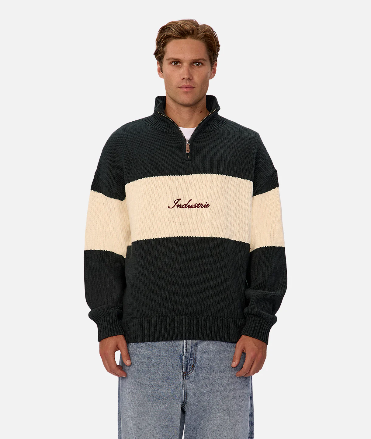 The Osborne Zip Neck Knit Sweater - Pine Cream Combo