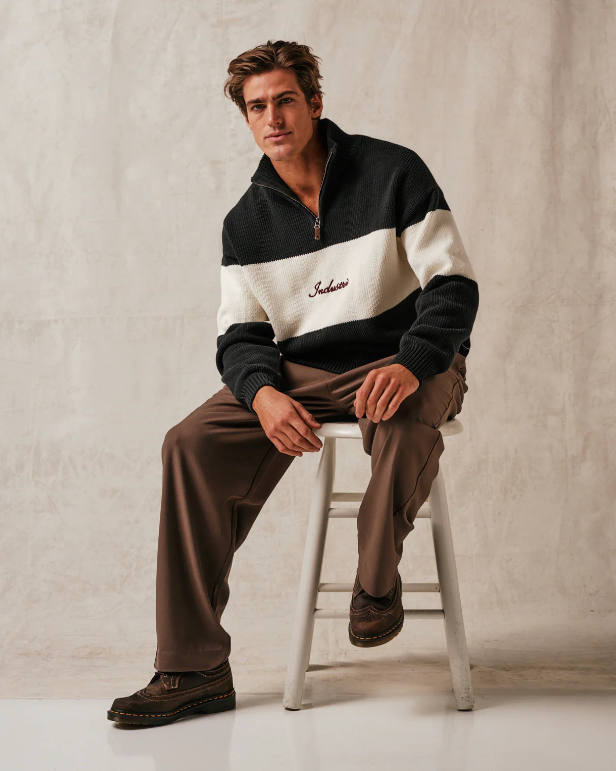 The Osborne Zip Neck Knit Sweater - Pine Cream Combo