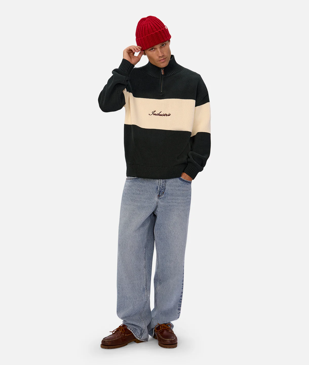 The Osborne Zip Neck Knit Sweater - Pine Cream Combo