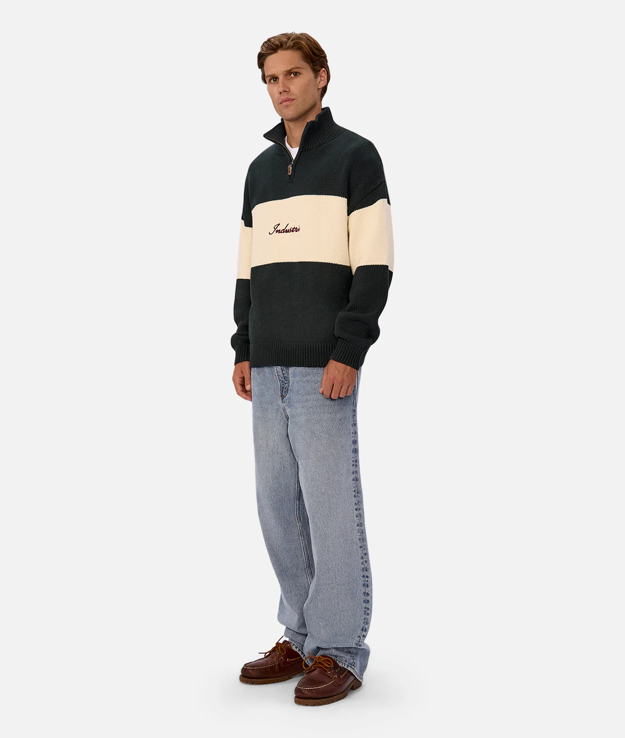 The Osborne Zip Neck Knit Sweater - Pine Cream Combo