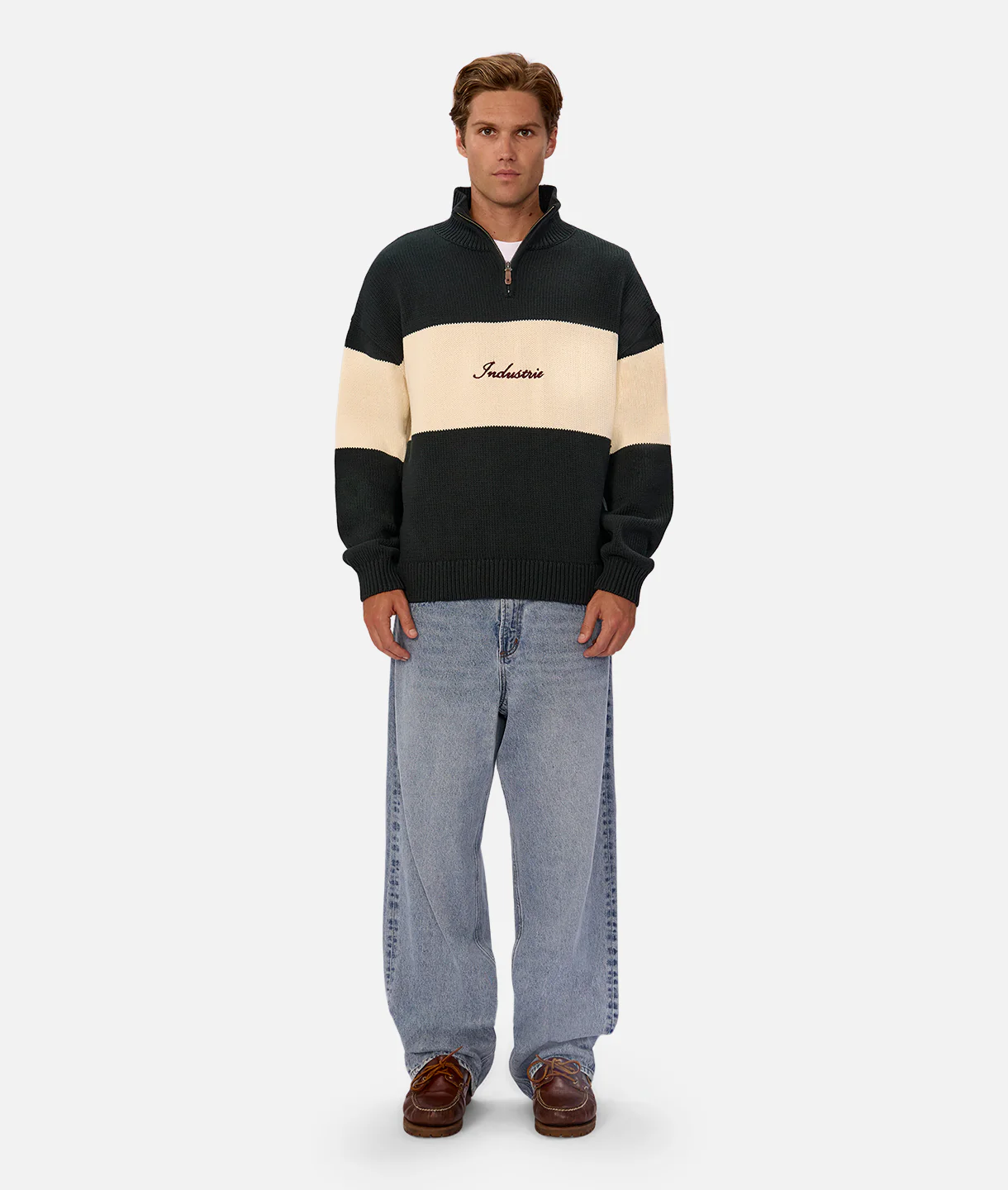 The Osborne Zip Neck Knit Sweater - Pine Cream Combo