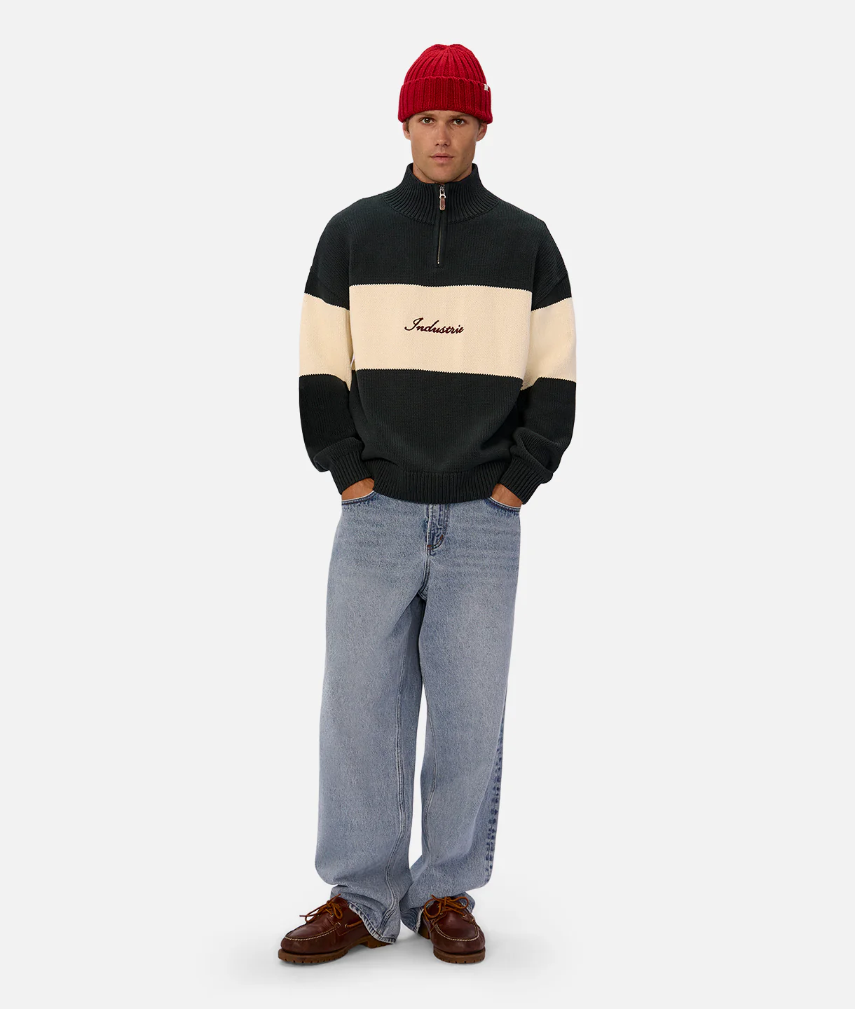 The Osborne Zip Neck Knit Sweater - Pine Cream Combo